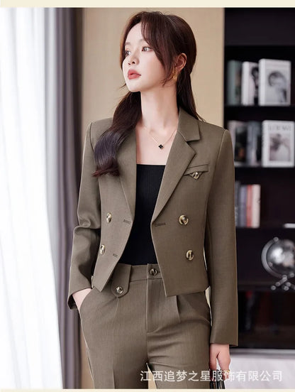 Spring Autumn Solid Women Suits Office Sets 2024 New Fashion Double Breasted Short Blazers Casual High Waist Pencil Pants Suits