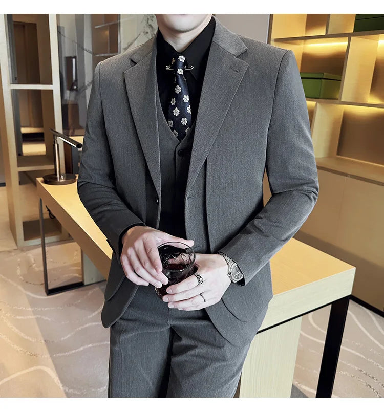 British Style Fake Two-piece Suit Set Men's Wedding Groom Dress 3 Piece Set Suit Vest Trousers Slim Office Business Casual Suits