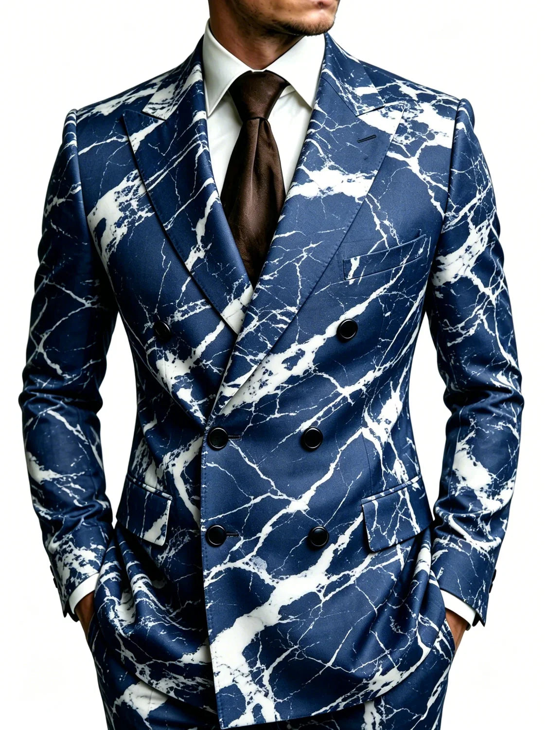Men's Marble Print Blazer Double Breasted Peak Lapel Slim Fit Fashion Jacket Formal Party Stage Single Outerwear for Men