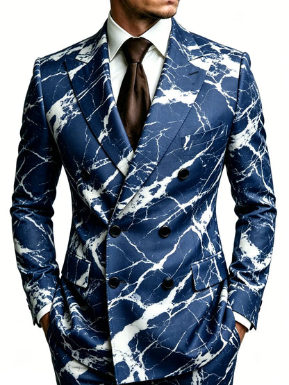 Men's Marble Print Blazer Double Breasted Peak Lapel Slim Fit Fashion Jacket Formal Party Stage Single Outerwear for Men