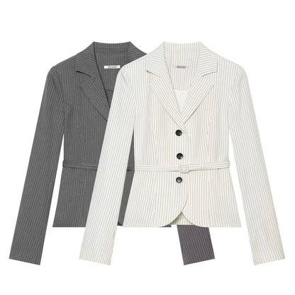 Elegant Women's Striped Blazer With Belt 2026 Spring Autumn Lapel Long Sleeves Single Breasted Slim Trendy Office Lady Suit