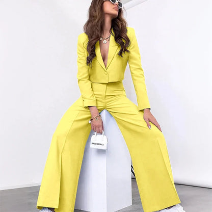 Single-grain Buckle Women Suit Two Pieces(Short Jacket+Pants) Peaked Lapel Office Lady for Business Daily Shopping Set Custom
