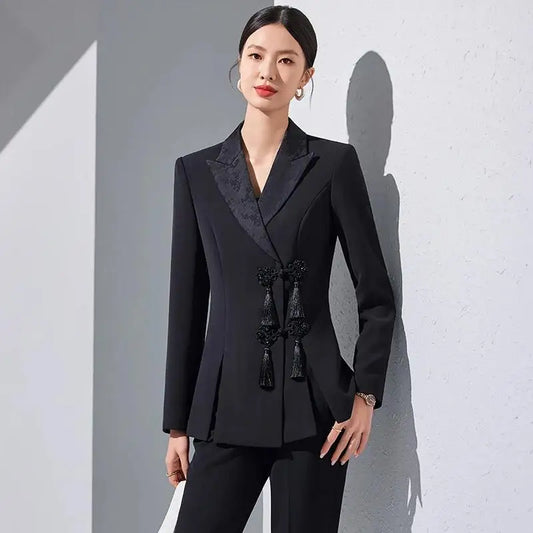 Chinese Style Women Jacket Pant Sets Two Piece Elegant White Black Outfit Business Formal Blazer Suits Trousers Office Lady