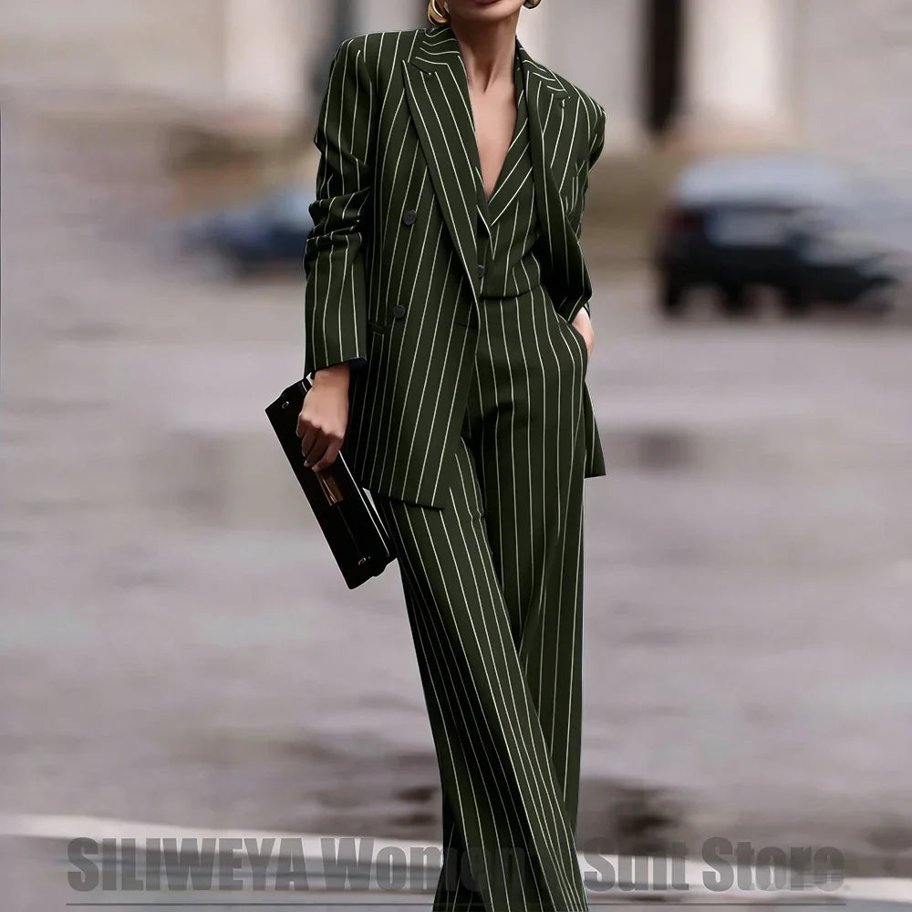 Navy Women's Striped 3 Piece Suit Double Breasted Blazer Vest Wide-Leg Pants Set Fashion Formal Party Office Casual Outfit