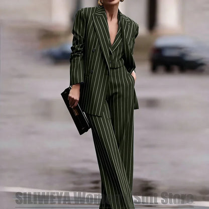 Navy Women's Striped 3 Piece Suit Double Breasted Blazer Vest Wide-Leg Pants Set Fashion Formal Party Office Casual Outfit
