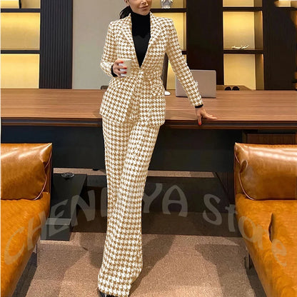 New Houndstooth Suit Two Pieces Regular Fitted Straight Peaked Lapel Fashion Jacket with Blazer Elegant Lady Sets Customized