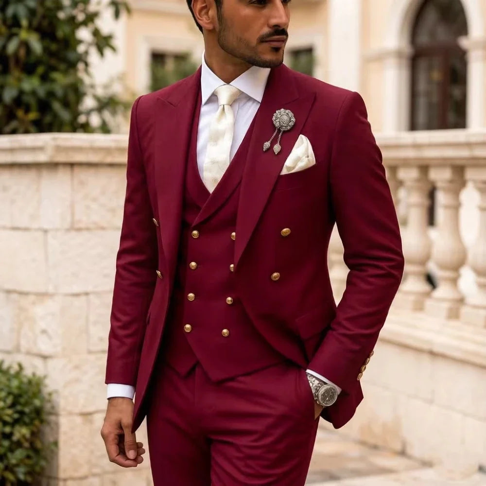 Men's 3-Piece Double Breasted Suit Set – Slim Fit Jacket, Pants & Vest for Formal Occasions