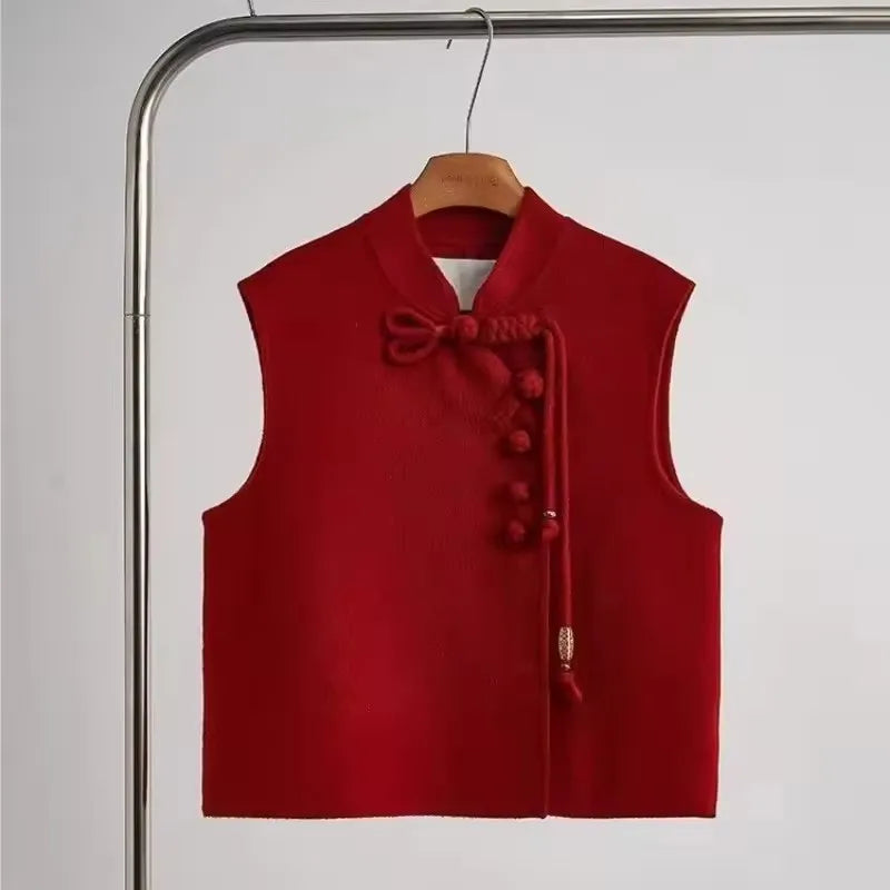 2025 Spring Chinese Style Red Vest Disc Buckle Sleeveless Vest Short Jacket Elegant Chic Women's Tweed Waistcoat