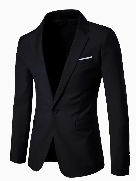 One Button Blazer, Men's Casual Solid Color Flap Pocket Lapel Suit Jacket For Business