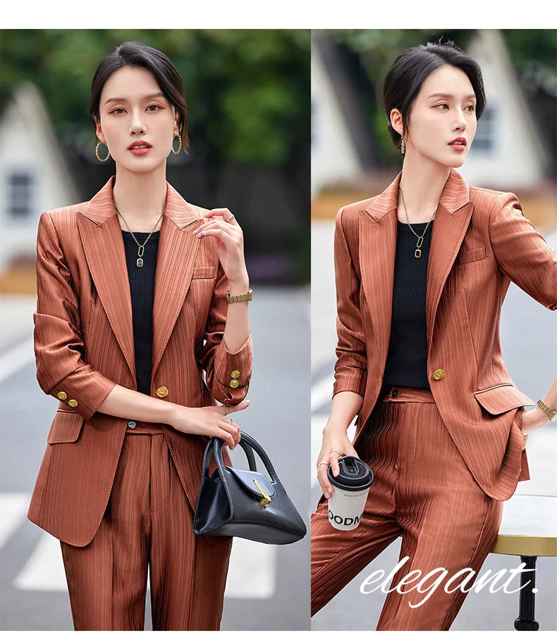 Professional Women's Suit2024New Autumn Green Striped Acetate Suit Workwear Elegant High-end Workplace Formal Wear