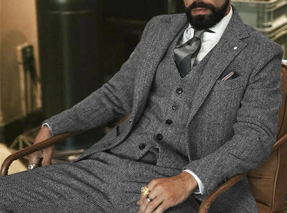 Costume d'Hiver Homme en Tweed de Laine Grise Motif Chevrons Coupe Slim Formel Smoking de Marié 3 Pièces pour Mariage (Veste+Gilet+Pantalon)