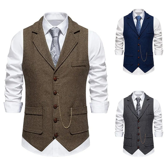 Men's Herringbone Tweed Waistcoat Formal Vest Vintage Lapel with Chain Detail