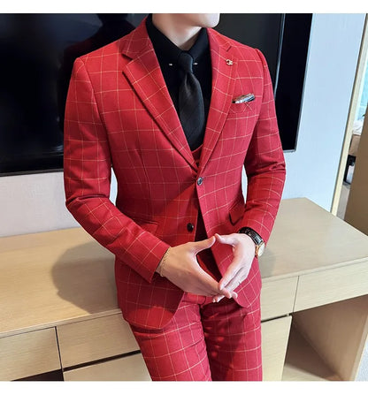 Men's 3-Piece Slim Fit Plaid Suit – Jacket, Vest & Pants for Weddings, Office & Formal Occasions
