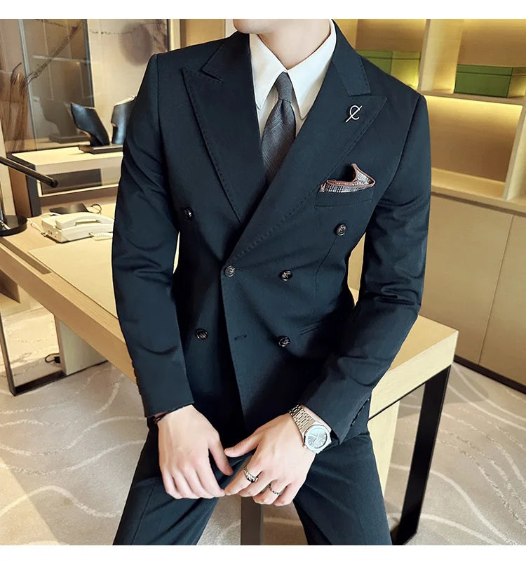 (Jackets +Pants ) Men's Suits 2 Piece High-Quality Double Breasted Lapel Solid Business Groom Wedding Tuxedo Banquet Clothing