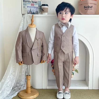 Kids Striped Birthday Party Outfit Boys Wedding Suit Set Childre's Jacket Vest Pants Bowtie Brooch 5Pieces Winter Clothing Set