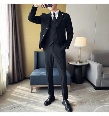 Men's 3 Piece Suit Set Double‑Button Solid Color Slim Fit Business Casual Wedding Banquet Party Jacket Vest Pants Formal Outfit