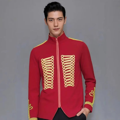 Men's European Style Stand Collar Zipper Blazer Golden Rope Detail Cosplay Middle Ages Tuxedo for Stage Performances And Parties