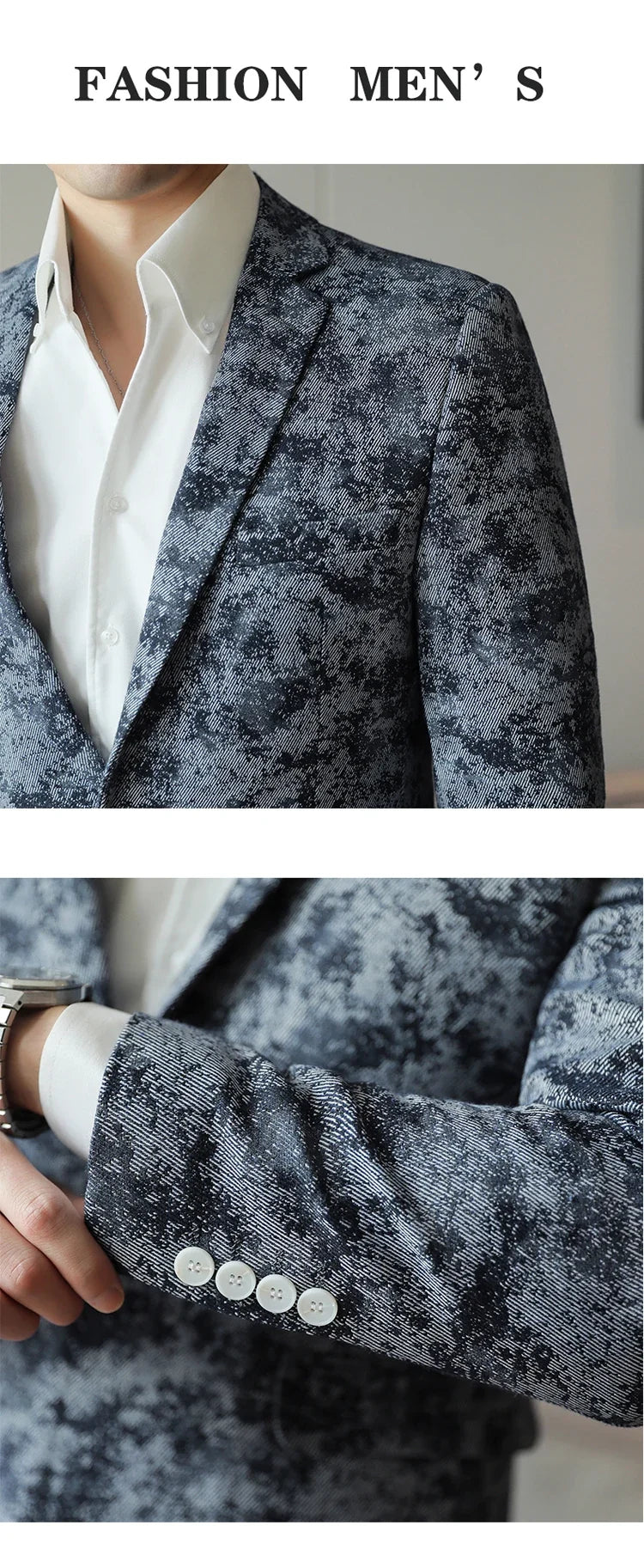 2026 Spring Denim Blue Men's Casual Suit Jacket Korean Slim Blazers Tie-dyed Business Social Jacket Banquet Party Dress Coats