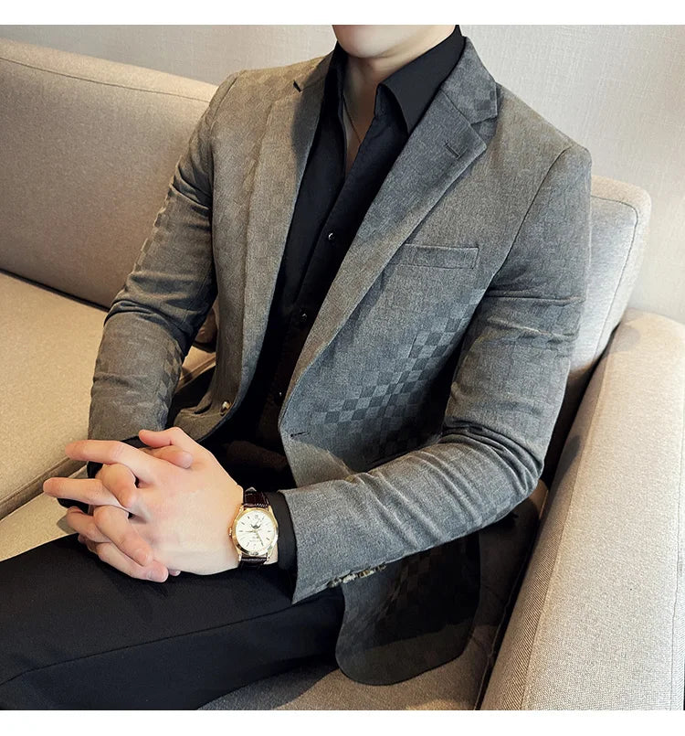2024 Spring Plaid Blazers Men Single Breasted Casual Business Suit Jacket Fashion Slim Social Banquet Wedding Groom Dress Coats
