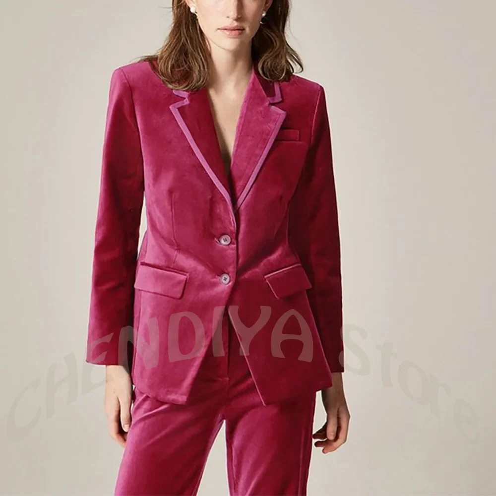 Women's Tailoring Set 2 Pieces Velvet Jacket Pants High Quality Office Notch Lapel Single Breasted Formal Business Trouser Suits