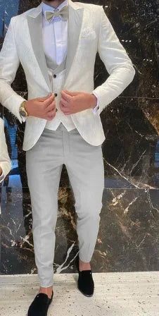 Groom White Floral Men Suits Tuxedo Slim Fit Wedding Suits Groom Full Wedding Gentleman Costume 3 Pieces (Jacket+Vest+Pants)