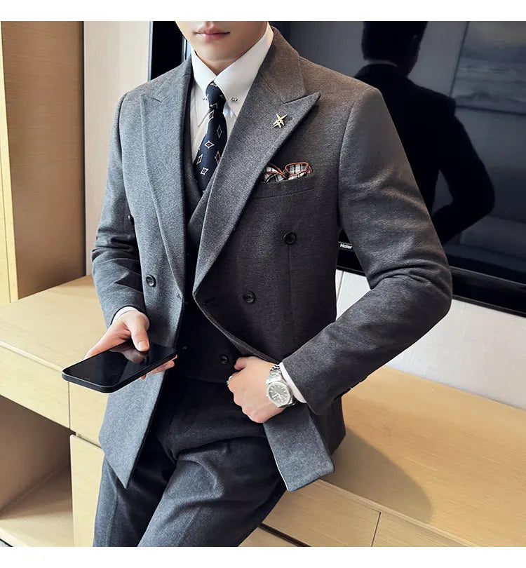 (Jacket+Pant) Autumn Winter Thickened Woolen Suit 2025 New High Quality Slim Business Tuxedo Fashion Wedding Social Suits