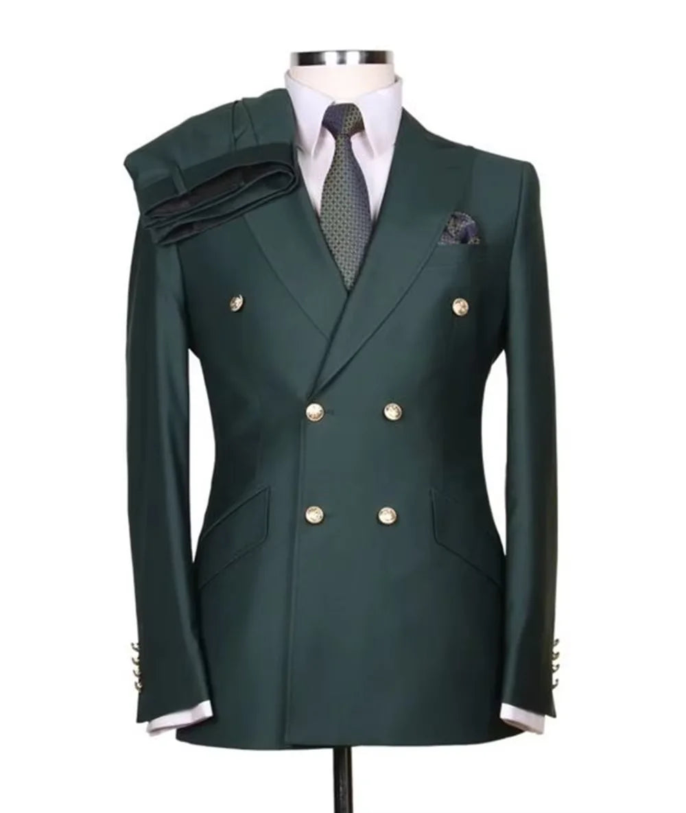 Men's Serge Suit 2 Piece Double Breasted Slim Fit Peak Lapel Gold Button High Quality Formal Blazer Pants Formal Business Weddin