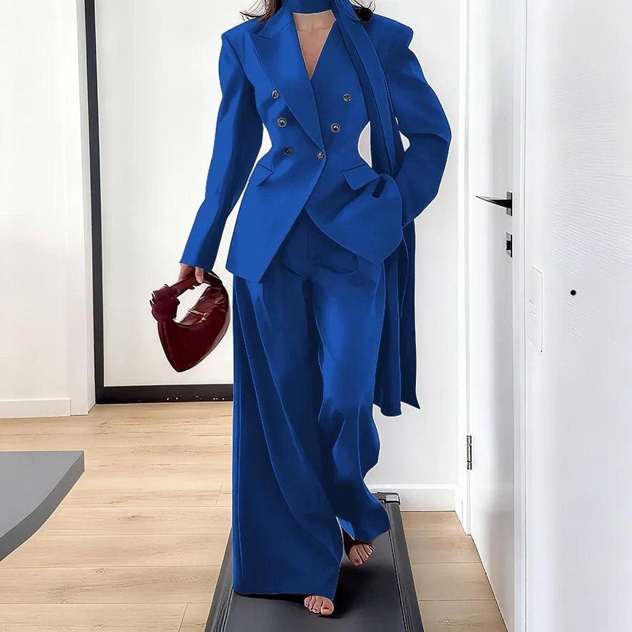 Elegant Women Double Breasted Suit Set Double Breasted Peaked Lapel Blazer+Pants Daily Slim Fit Office Evening Party Outerwears