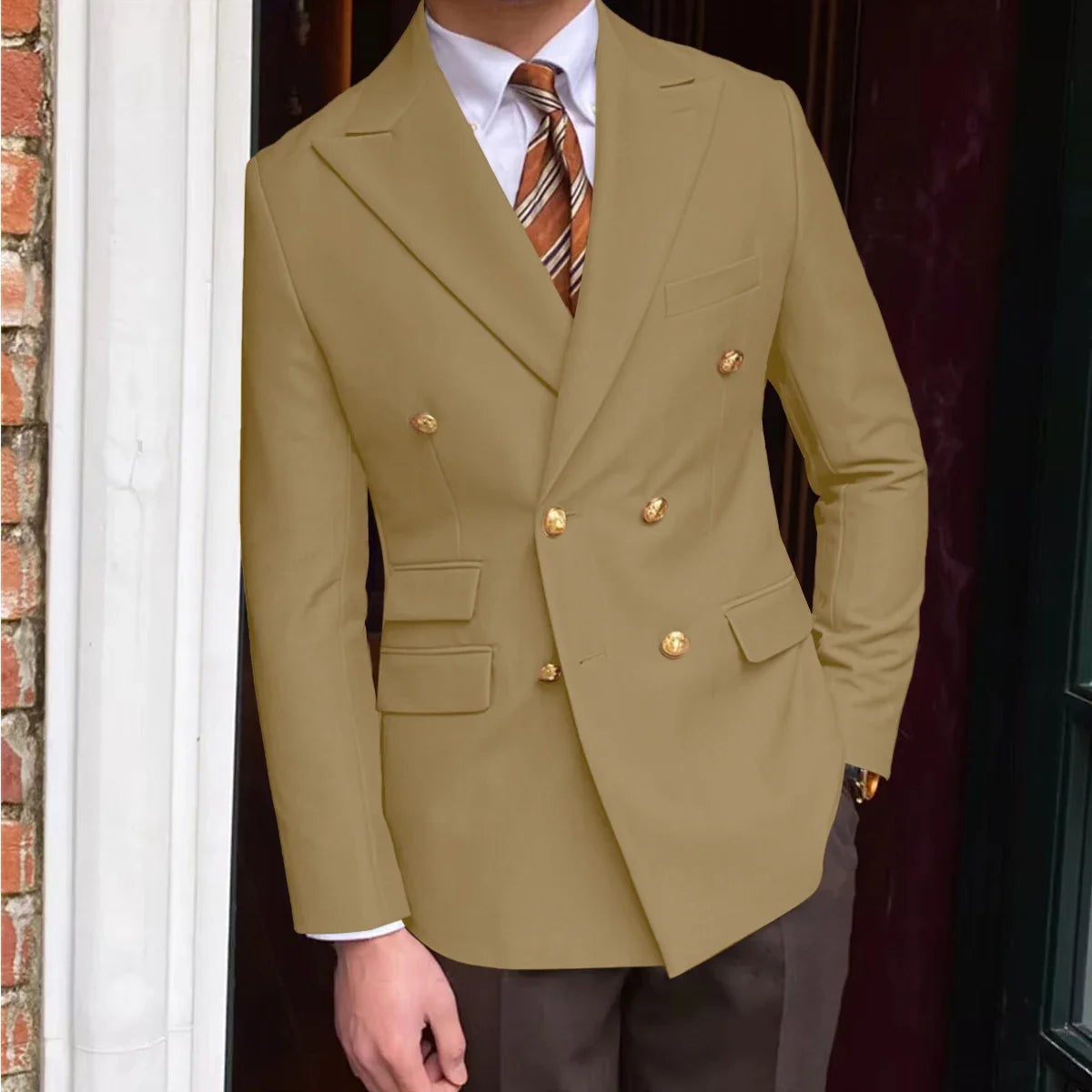 Men's Brown Serge Blazer Double Breasted Peak Lapel Gold Button Slim Fit British Style Fashion Suit Jacket Formal Business Casua