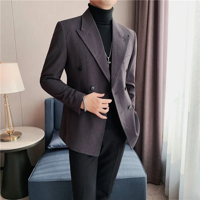 High Quality Double Breasted Suit Jacket Men Striped Casual Business Blazer Slim Fit Wedding Groom Office Social Dress Coat