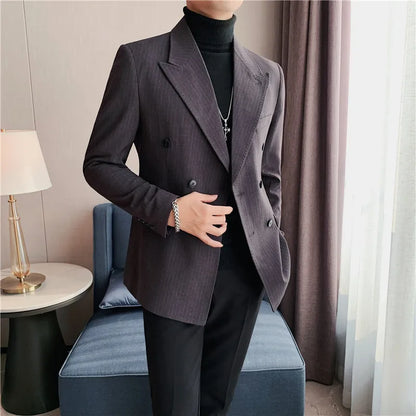 High Quality Double Breasted Suit Jacket Men Striped Casual Business Blazer Slim Fit Wedding Groom Office Social Dress Coat