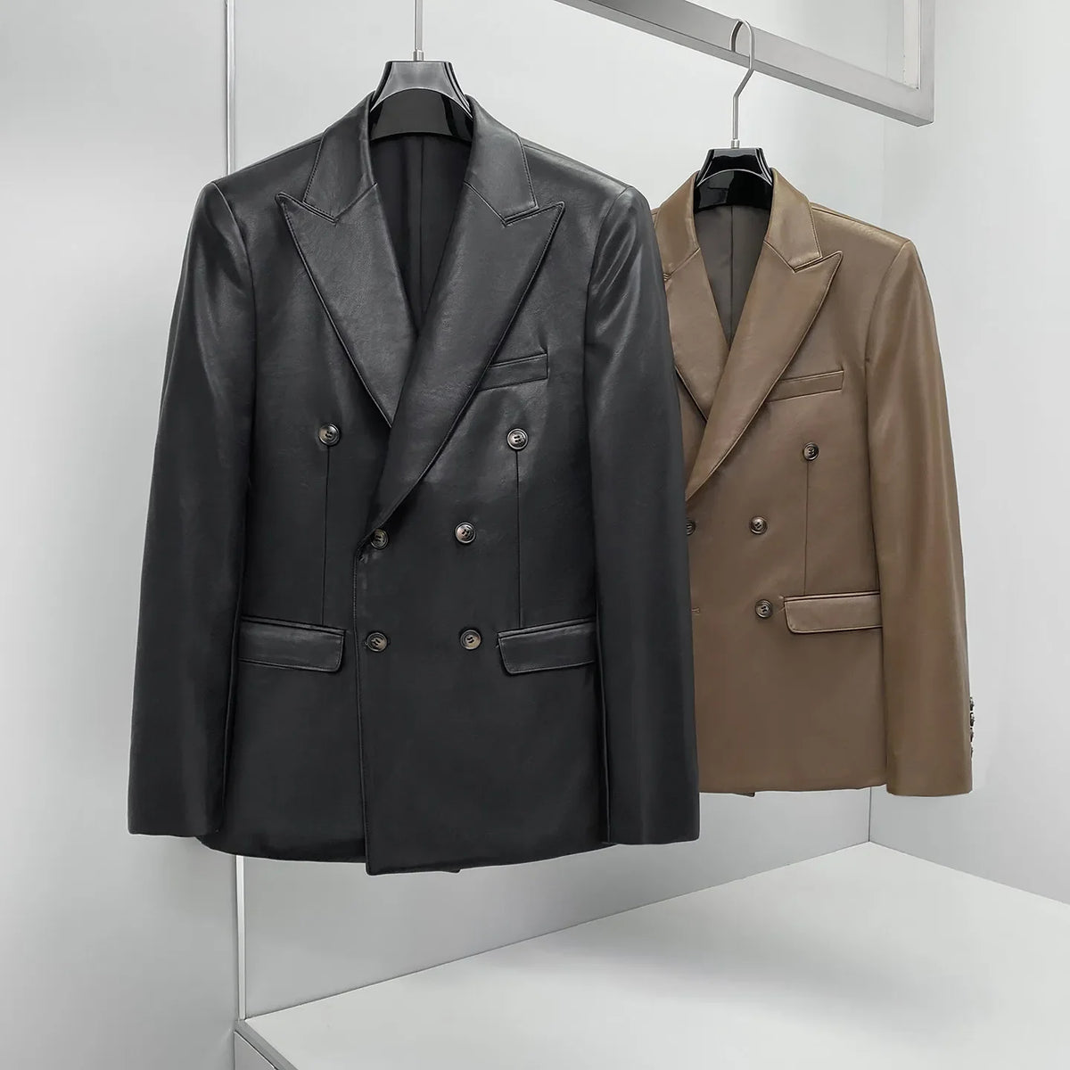 Brand Spring  Autumn Men's Double Breasted Leather Suit Jacket Casual Business Leather Blazers Wedding Groom Social Banquet Coat