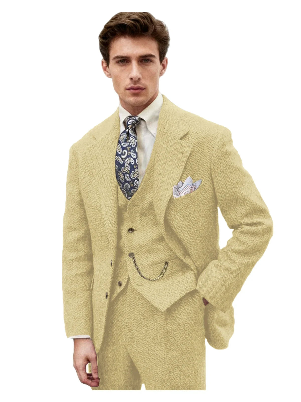 3 Piece Grey/Brown Mens Tweed Herringbone Wedding Suit Prom Tuxedos Peak Lapel Tweed for Business Slim Fit (Blazer+Vest+Pants)