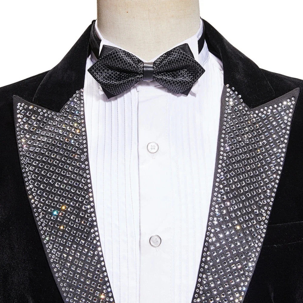 Black Elegant Beaded Men's Velvet Suit Set 2 Pieces Wedding Groom Sets Autumn Peak Lapel Slim Fit Suits Banquet Party Wear