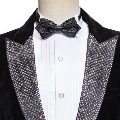 Black Elegant Beaded Men's Velvet Suit Set 2 Pieces Wedding Groom Sets Autumn Peak Lapel Slim Fit Suits Banquet Party Wear