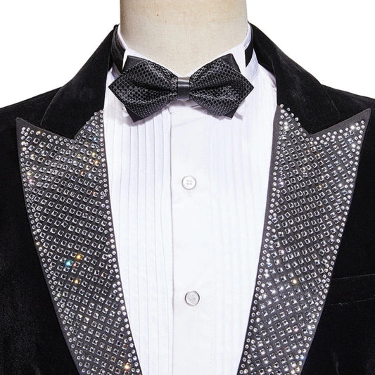 Black Elegant Beaded Men's Velvet Suit Set 2 Pieces Wedding Groom Sets Autumn Peak Lapel Slim Fit Suits Banquet Party Wear
