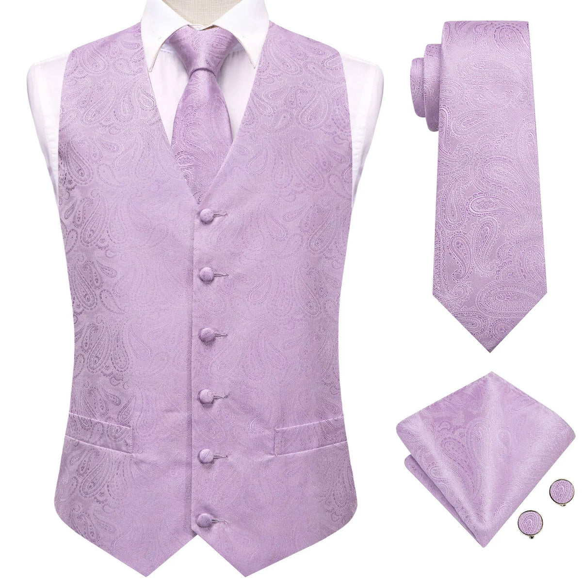 Men's Floral Paisley Suit Vest 4-Piece Set – Woven Waistcoat with Tie, Pocket Square & Cufflinks for Weddings & Formal Occasions