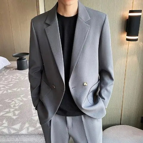 Men's Spring Autumn Casual Blazer Set Korean Slim Fit Lightweight Loose Smart Chic Suit Jacket Fashion Trendy Top