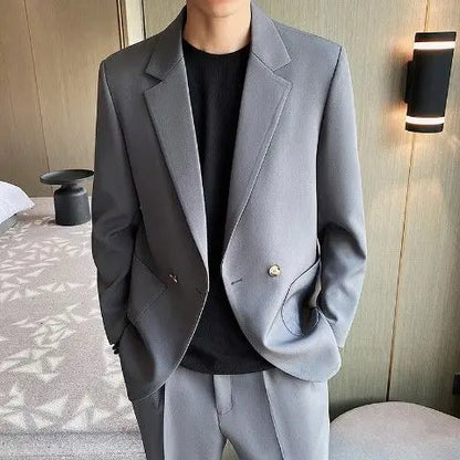 Men's Spring Autumn Casual Blazer Set Korean Slim Fit Lightweight Loose Smart Chic Suit Jacket Fashion Trendy Top