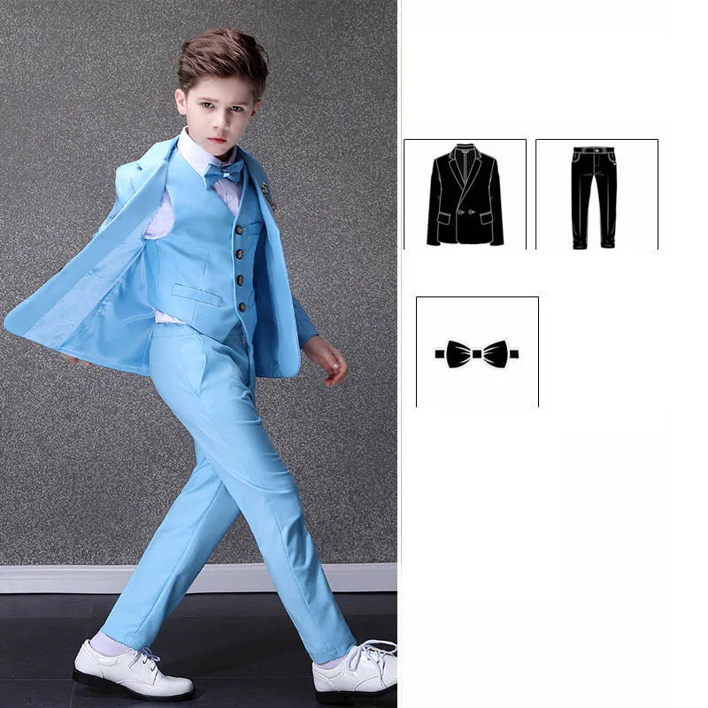 Children Sky Blue Photograph Suit Flower Boys Wedding Dress Kids Tuxedo Evening Party Wear Teenager Graduation Birthday Costume