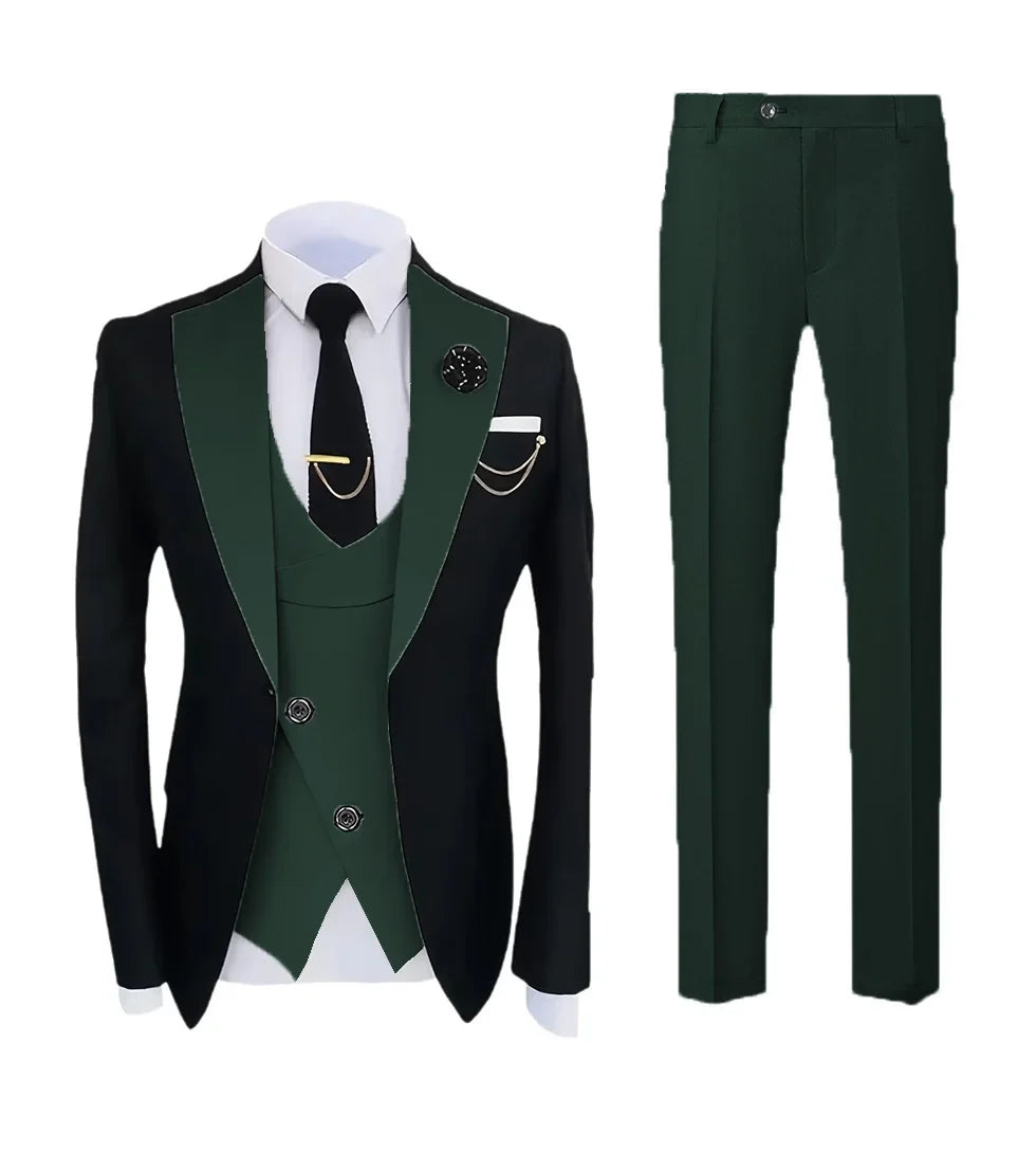 Mens Pant Suit Classic Contrast Flat Collar Blazer Jacket Slant-breasted Vest Trousers 3 Piece Set for Wedding Groom Groomsmen