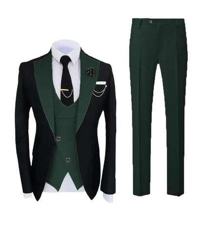 Mens Pant Suit Classic Contrast Flat Collar Blazer Jacket Slant-breasted Vest Trousers 3 Piece Set for Wedding Groom Groomsmen