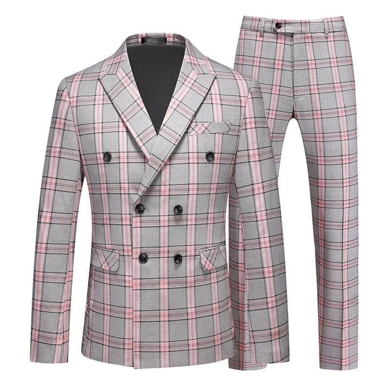 (Jacket + Pants) Men Wedding Party Double Breasted Suits New Male Slim Fit Flip Collar Formal Dress Set