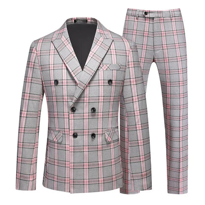 (Jacket + Pants) Men Wedding Party Double Breasted Suits New Male Slim Fit Flip Collar Formal Dress Set