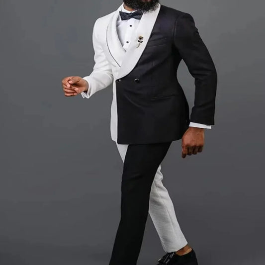 White Black Men Wedding Suit Casual Groom Tuxedos Shawl Lapel Prom Blazer Business Suits Slim Fit 2 Piece Set(Jacket+Pants)