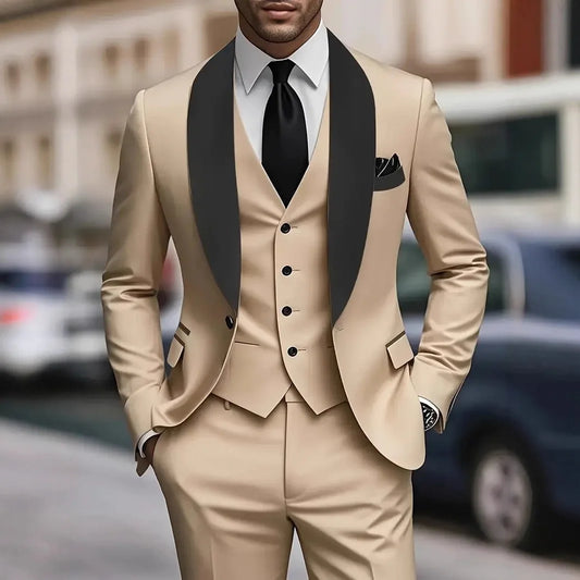 Men's Three-piece Business Casual Suit Fitted Style With Pockets Smart Suitable For Daily Weddings And Parties