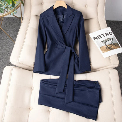 Autumn Winter New Women's Blazer Suit Trousers Two Piece Outfit 2025 New Fashion Lace Up Jacket and Pant Sets Office Wear