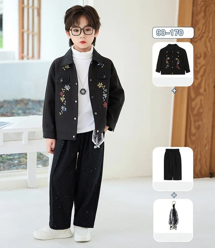 2026 New Autumn Winter Boys' Embroidered Suit Set 90-170 Children's Casual Jackets Pants 2Pieces Clothing Set