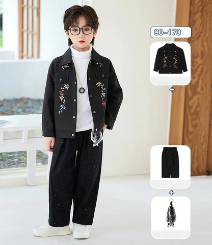2026 New Autumn Winter Boys' Embroidered Suit Set 90-170 Children's Casual Jackets Pants 2Pieces Clothing Set