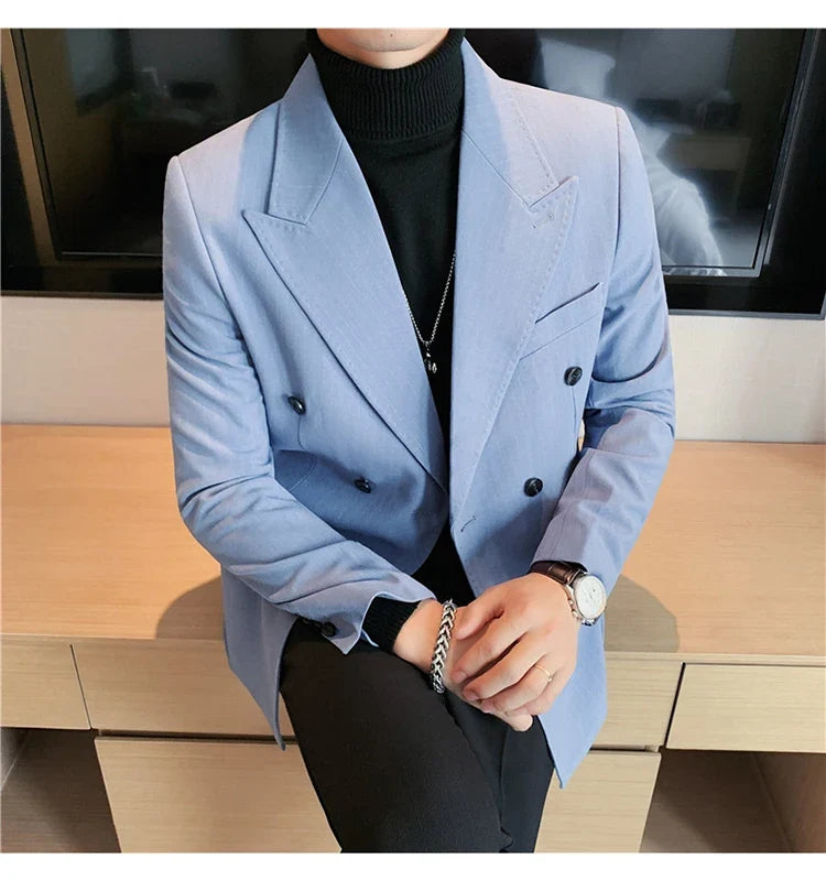 High Quality Double Breasted Suit Jacket Men Striped Casual Business Blazer Slim Fit Wedding Groom Office Social Dress Coat